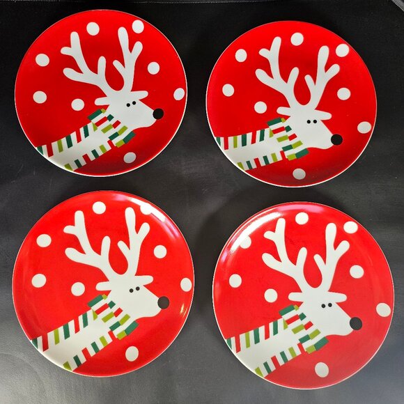 Crate And Barrel. 4 Reindeer Appetizer, Salad, Dessert Plates. 7.5" Round - Picture 1 of 9